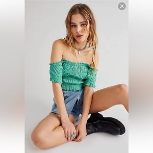 Free People FP One Cheri Off The Shoulder Cropped Top Smocked Cotton XL
